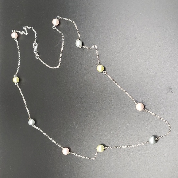 Sterling Silver 24" Necklace w/ Blush, Pale Green and Lt. Gray Simulated Pearls - Picture 1 of 5